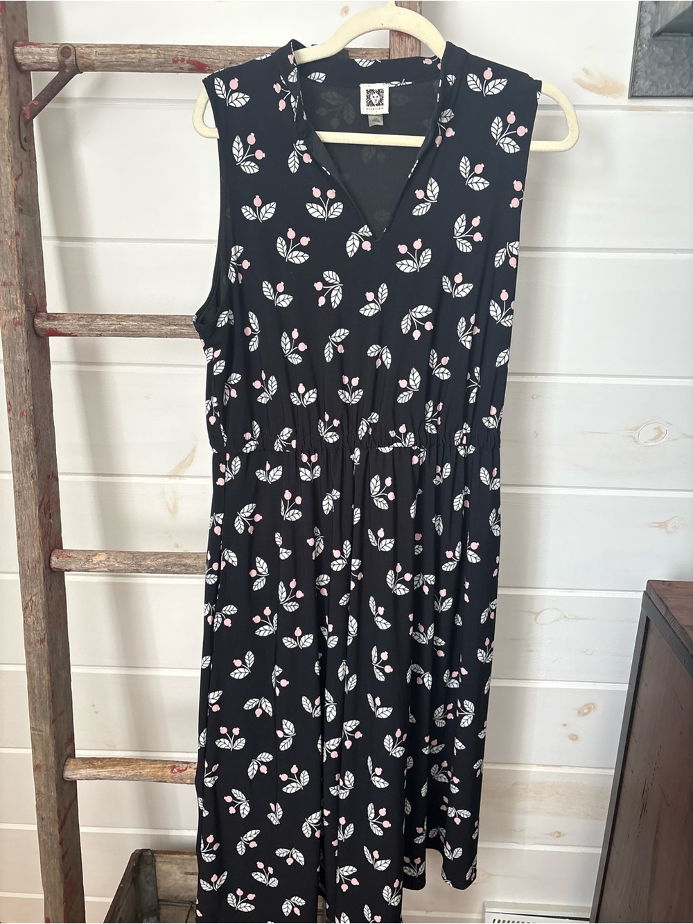 Anne Klein Black Sleeveless Midi Dress with Pink & White Floral Print